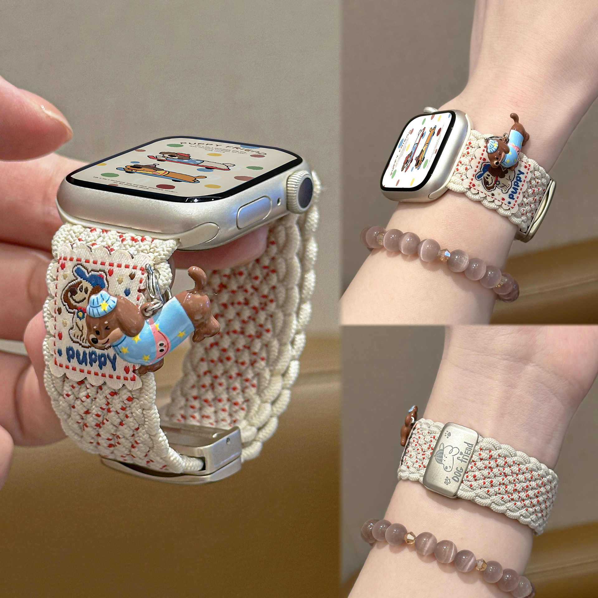 适用iWatchS11表带新款苹果s10可爱腊肠狗吊坠applewatchs9S876编织磁吸表带se华为Fit4创意Fit3小米9Pro透气
