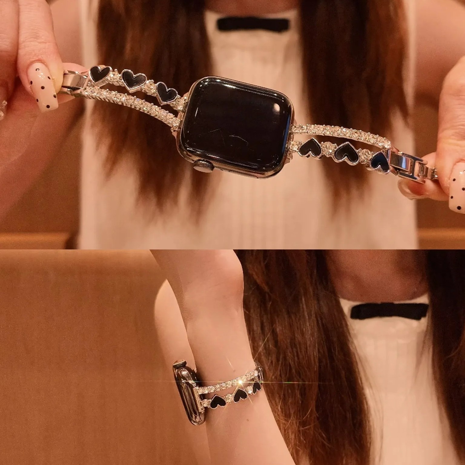 适用iWatchs11新款华为Fit5韩系心心镶钻金属链条表带applewatchs10S98se女小香风FIT4小米10Pro红米65高级感