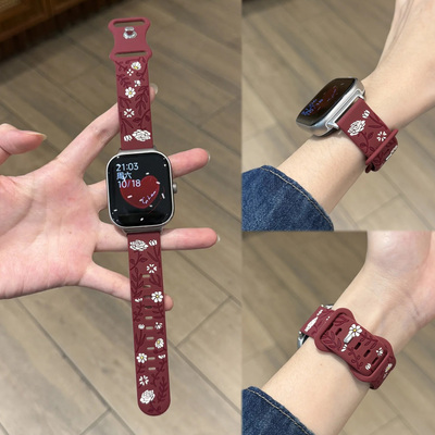 【彩色玫瑰浮雕】适用华为FIT5高质感fit3液态硅胶表带Fit4Pro高级iWatchs11苹果s10S98se舒适小米9Pro红米65