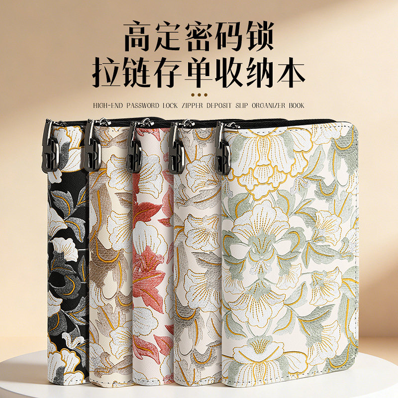 高定密码锁鎏金牡丹大容量存单本图片