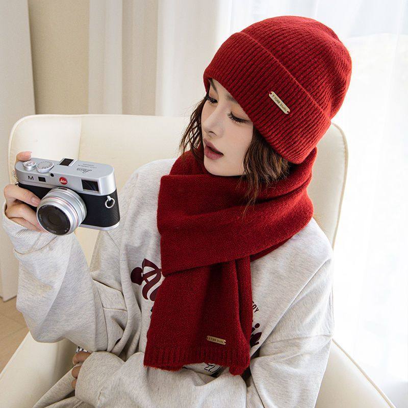 红色冬季围巾帽子两件套女韩版纯色针织保暖百搭毛线混纺围脖护颈,服饰配件/皮带/帽子/围巾,帽子,淘宝优惠券,粉丝福利购,淘宝优惠卷