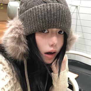 纯色韩系复古大头围毛绒针织帽女冬保暖护耳毛线韩里韩气的帽子
