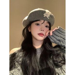 蝴蝶结灰色毛呢贝雷帽女冬季显脸小画家帽大头围韩里韩气的帽子