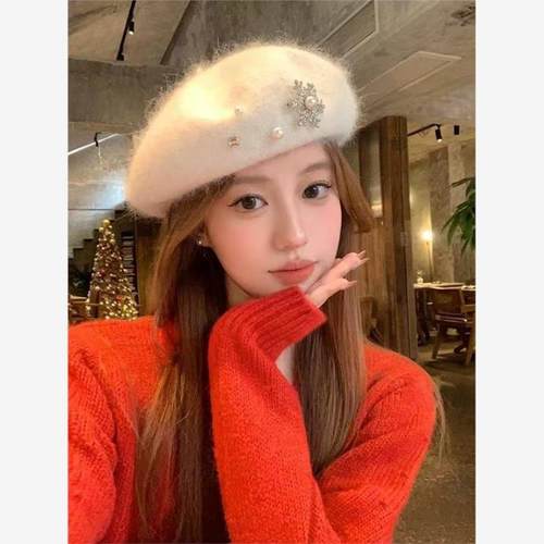 雪花贝雷帽子女秋冬季新款显脸小