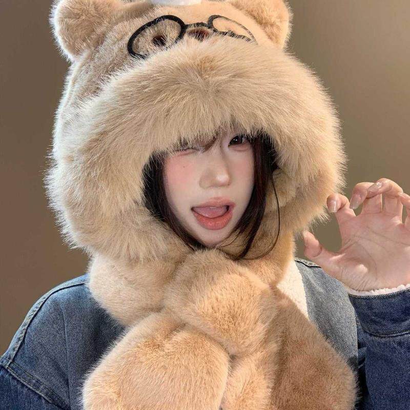 可爱卡通小熊毛绒帽子围巾一体女2025秋冬季韩系加厚护耳围脖连帽,服饰配件/皮带/帽子/围巾,帽子,淘宝优惠券,粉丝福利购,淘宝优惠卷