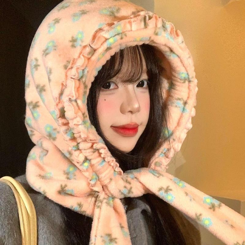 粉色花朵毛绒帽子围巾一体女秋冬