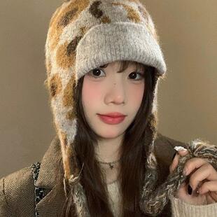 针织帽女秋冬季豹纹麻花辫子毛线帽女翻边复古护耳韩里韩气的帽子