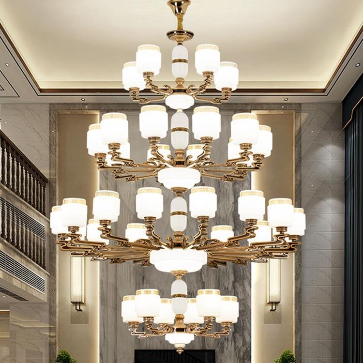 新中式复式楼别墅客厅中空大吊灯楼中楼挑空跃层大厅四五层楼梯灯