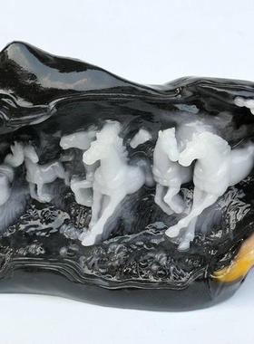 玉石八骏图摆件寿山石芙蓉石工艺品奇石原石石雕居家办公乔迁送礼