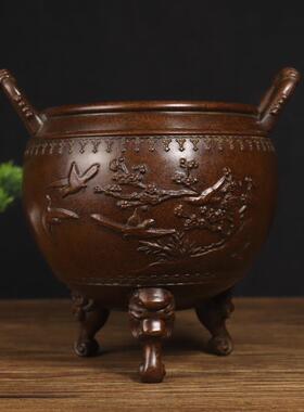 古玩铜器收藏 苏工黄铜雕花三足香炉 家居装饰创意礼品工艺品