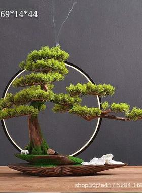 仿真迎客松摆件盆景中式禅意灯圈新中式客厅玄关装饰软装家居香炉