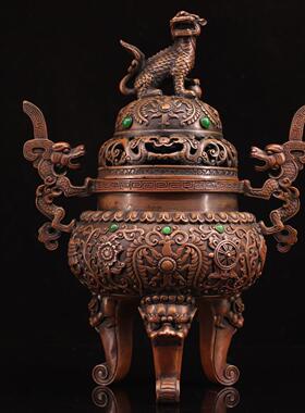 手工打造镶嵌宝石熏香炉 家居办公装饰礼品工艺品 古玩收藏铜香炉