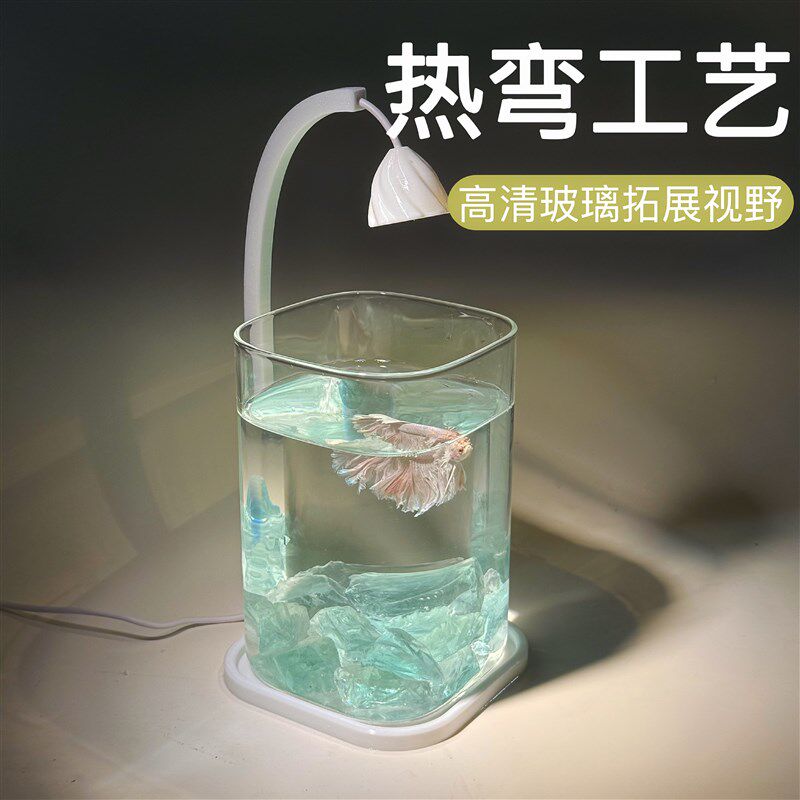 曼尾纱泰国斗鱼观赏鱼专用鱼缸小型玻璃客厅桌面造景摆件创意夜灯
