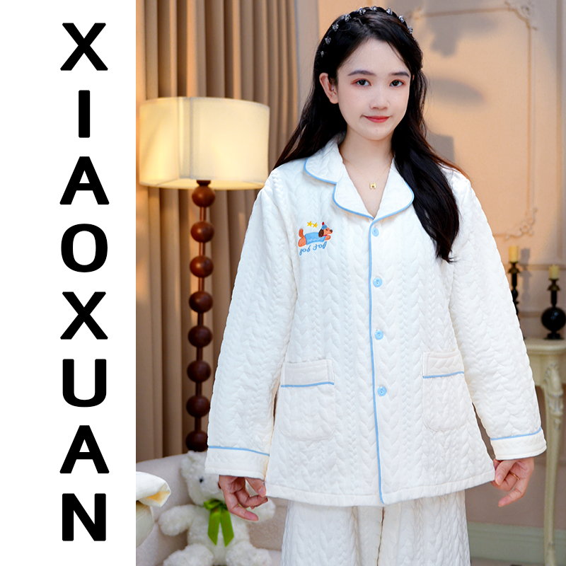 睡衣女秋冬季夹层2025新款长袖加棉可爱家居服套装