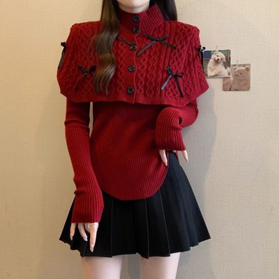 圣诞穿搭斗篷披肩红色毛衣2025年秋新款半高领长袖针织衫上衣女装