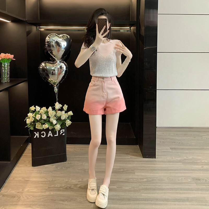 夏季穿搭一整套女装圆领烫钻设计感显瘦针织短袖上衣渐变牛仔短裤