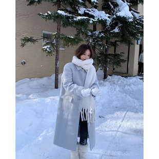 出口韩单品质！韩国rié*te蔬菜家千金风正肩少女风长款羊毛大衣