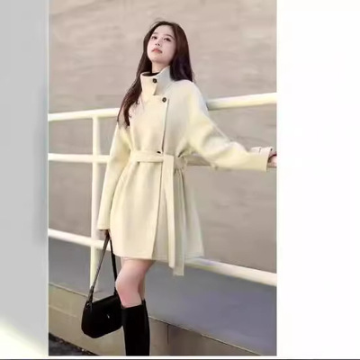 【98023】秋冬新款双面羊毛大衣系带韩版通勤毛呢外套气质中长款