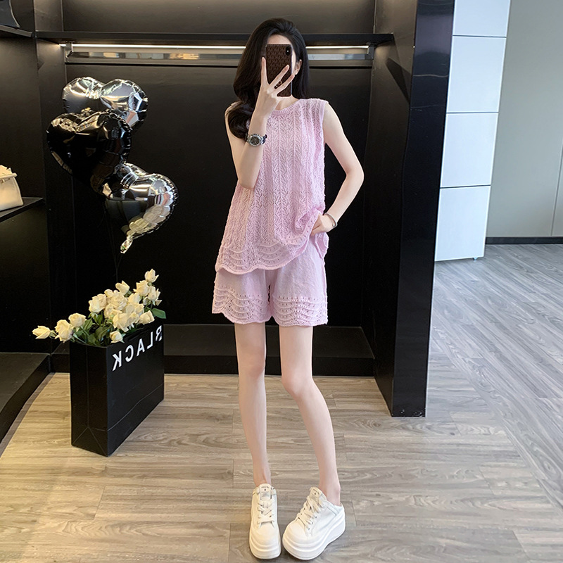 小设计高级感开叉小众叠套头针织衫镂空薄款短裤一整套女气质显瘦