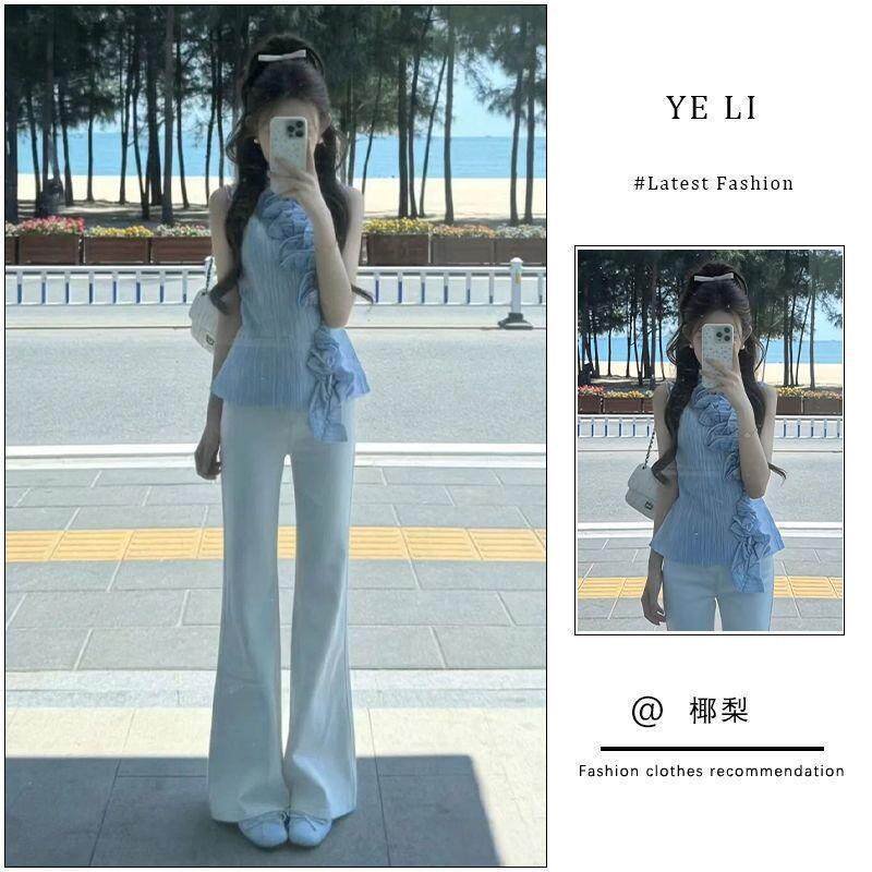 套装女2026春夏新款设计感褶感立体花边露肩挂脖上衣高腰微喇长裤
