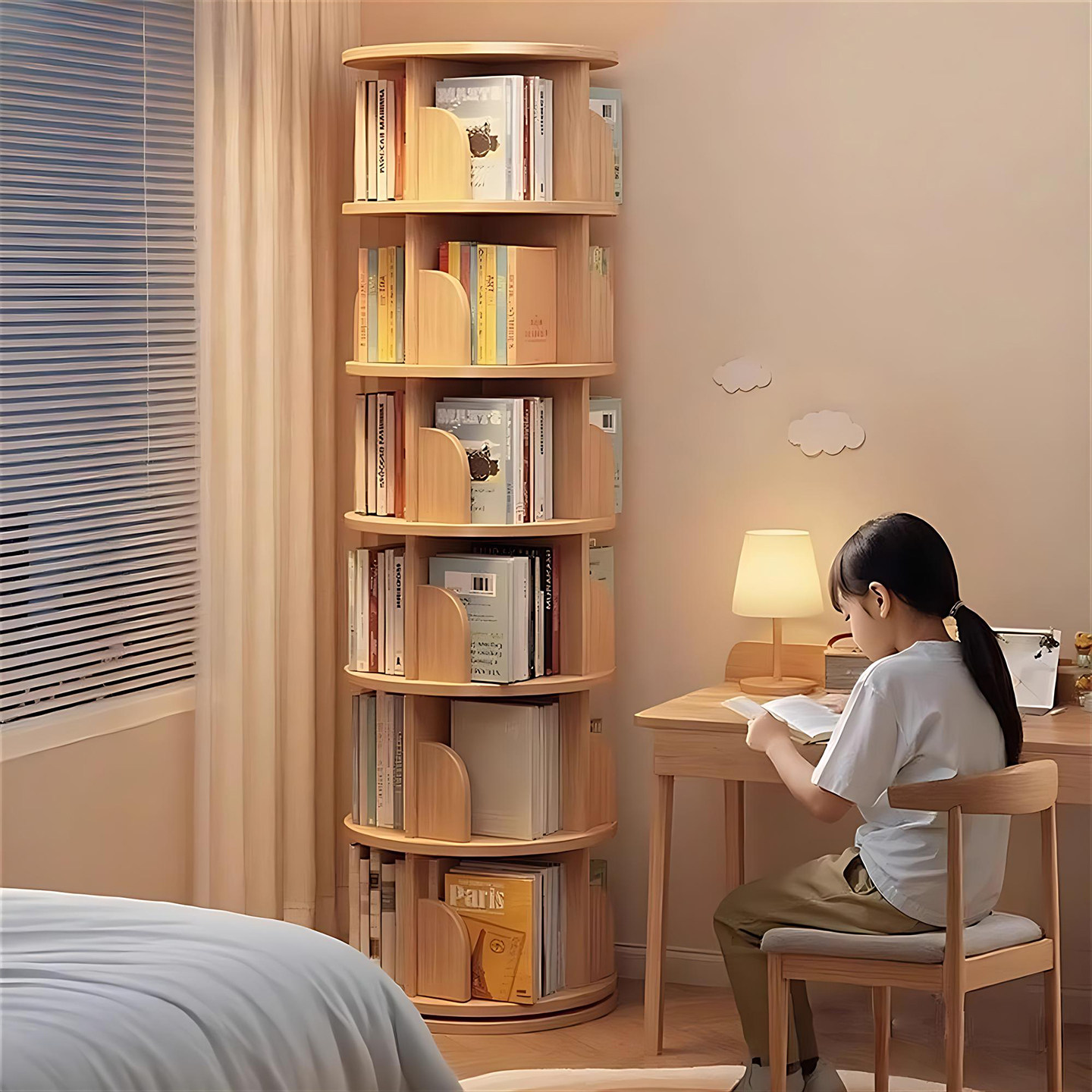 实木旋转书架儿童360度书柜一体靠墙窄柜可移动置物架学生储物柜