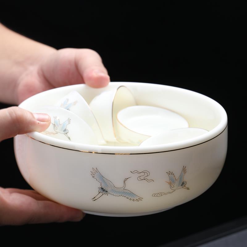 茶洗水盂陶瓷缸茶具描金配件盆中式白瓷羊脂玉大号高档盅小号洗笔