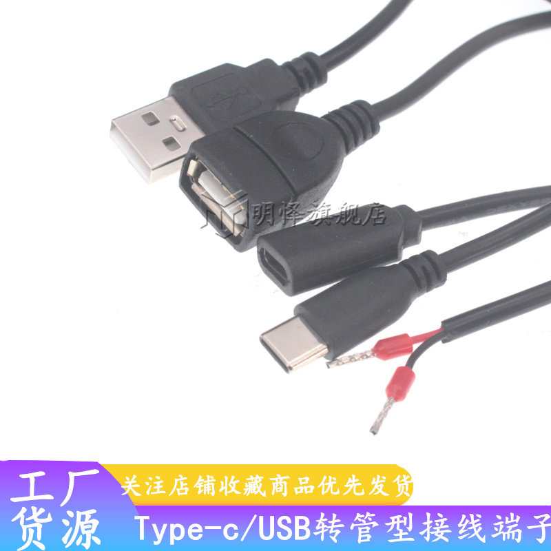纯铜0.3平方Type-C转VE管型接线端子 USB-C公/母头两芯端子充电线