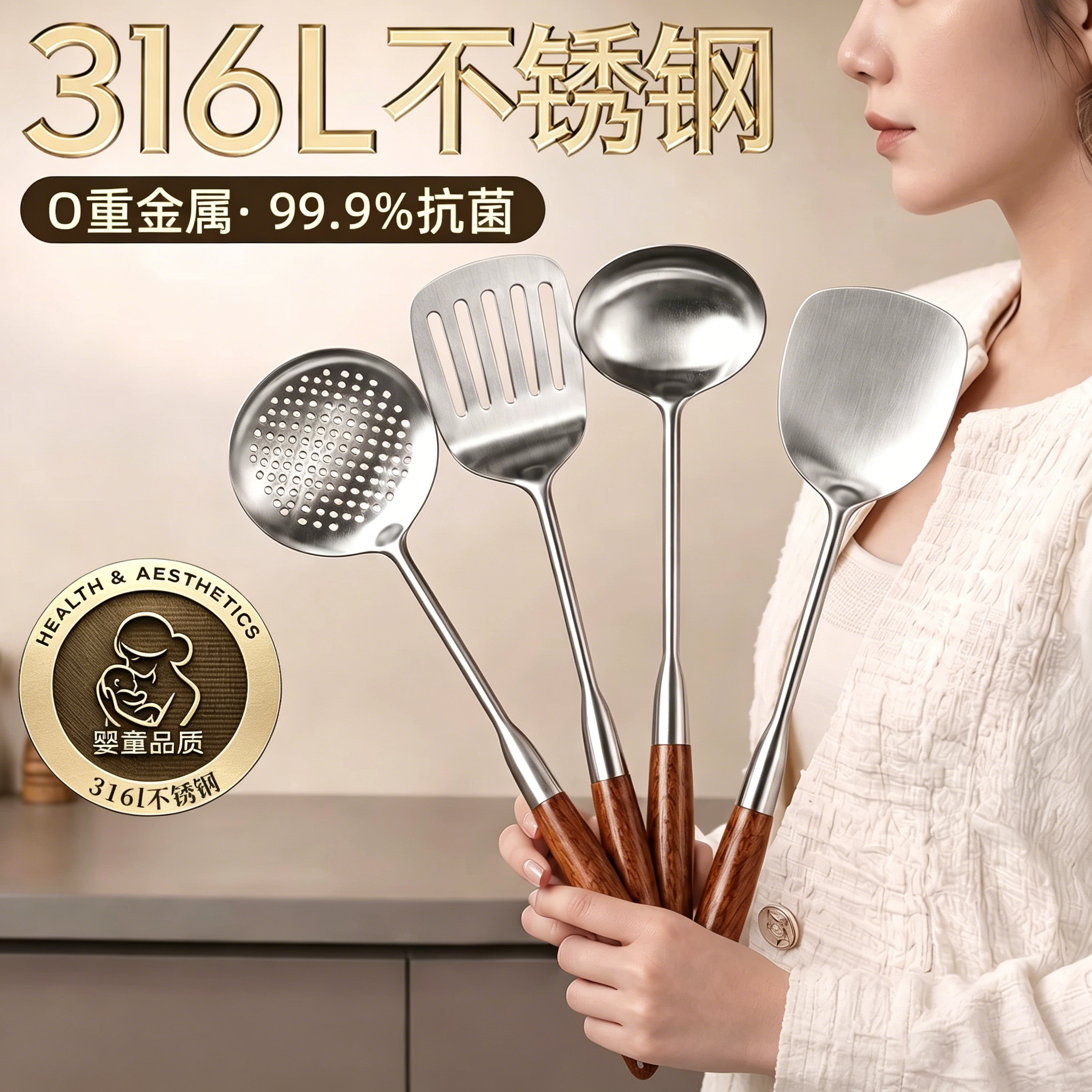 德国锅铲316L不锈钢加厚炒菜铲子漏勺汤勺家用厨具炒勺套装铁铲