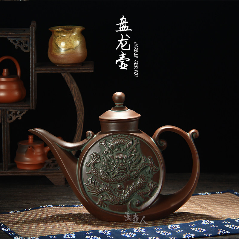 特大号宜兴手工青铜色紫砂茶壶1500ml盘龙壶朱泥泡茶器功夫茶具