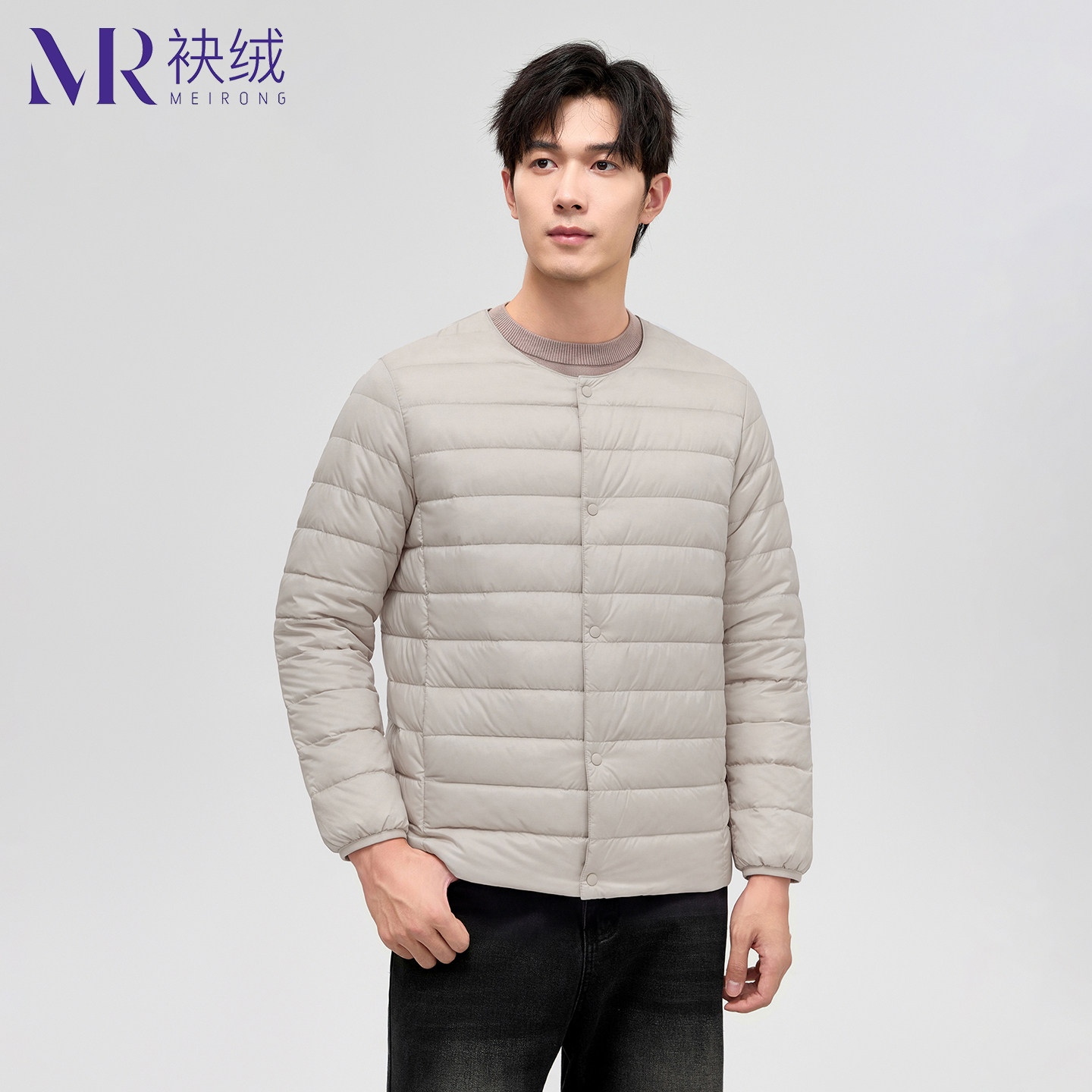 袂绒轻薄短款圆领修身羽绒服男