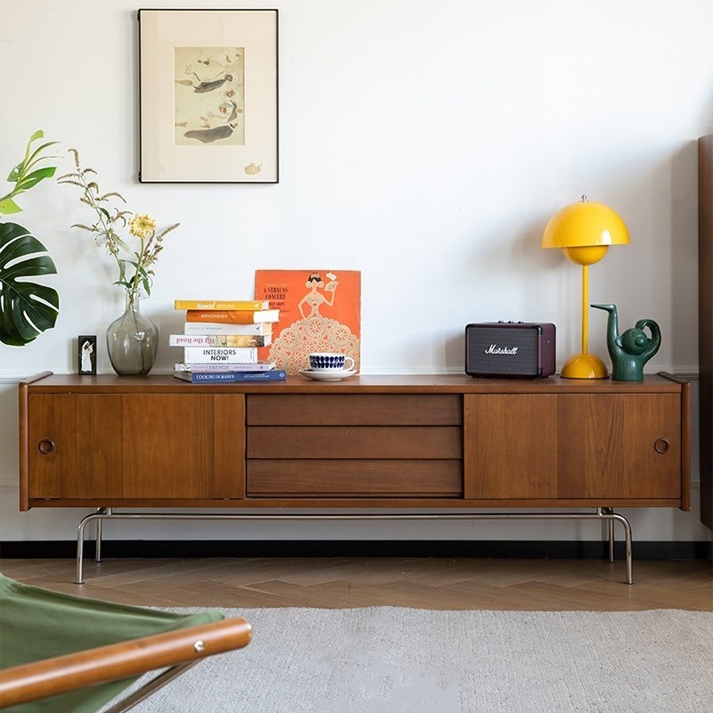 北欧现代简约实木电视柜复古小户型客厅组合储物柜轻奢中古小地柜