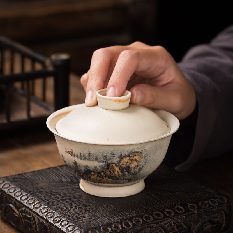 墨修缘清水柴烧盖碗茶杯纯手工三才碗单个泡茶碗复古粗陶茶具可养