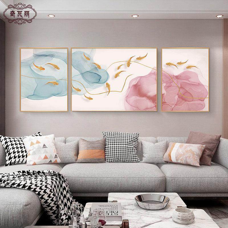 粉红九鱼聚财客厅装饰画大气沙发背景墙平易近人奢华挂画现代简约,家居饰品,现代装饰画,淘宝优惠券,粉丝福利购,淘宝优惠卷