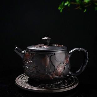 紫陶纯手工大容量茶壶单壶功夫茶具紫砂壶荷塘鱼趣壶家用茶壶 新品