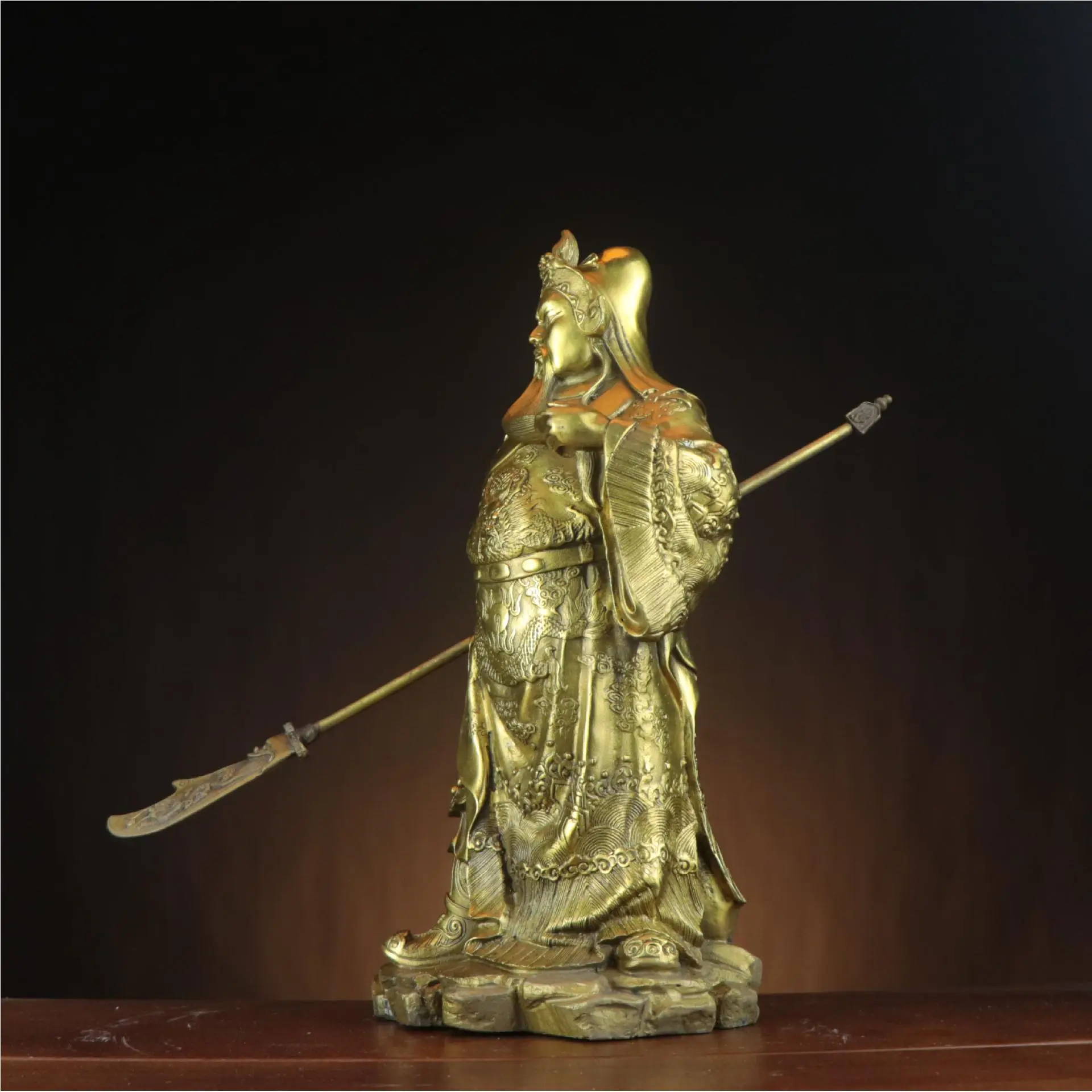 全铜关公 提刀关公 黄色紫铜色关公家居店铺立横刀关帝关羽摆件