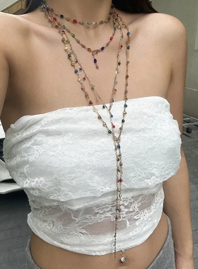 欧美时尚ins彩色滴油吊坠叠戴长项链 冷淡风金属链条水钻项饰