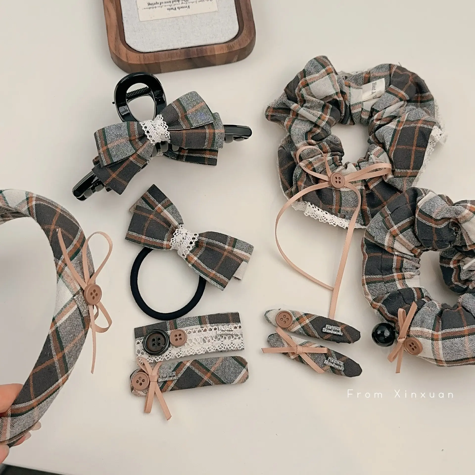 韩系格纹复古英伦风发夹发圈发箍结纽扣发饰头饰秋冬新款女