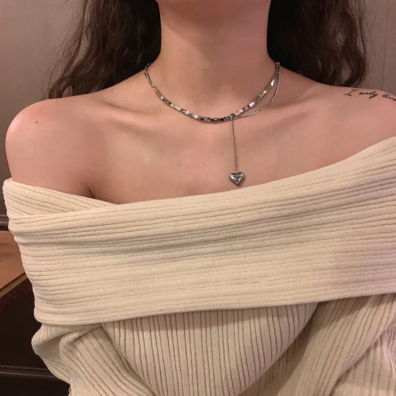 ins冷淡风钛钢立体方块爱心吊坠嘻哈项链女百搭小众设计感毛衣链