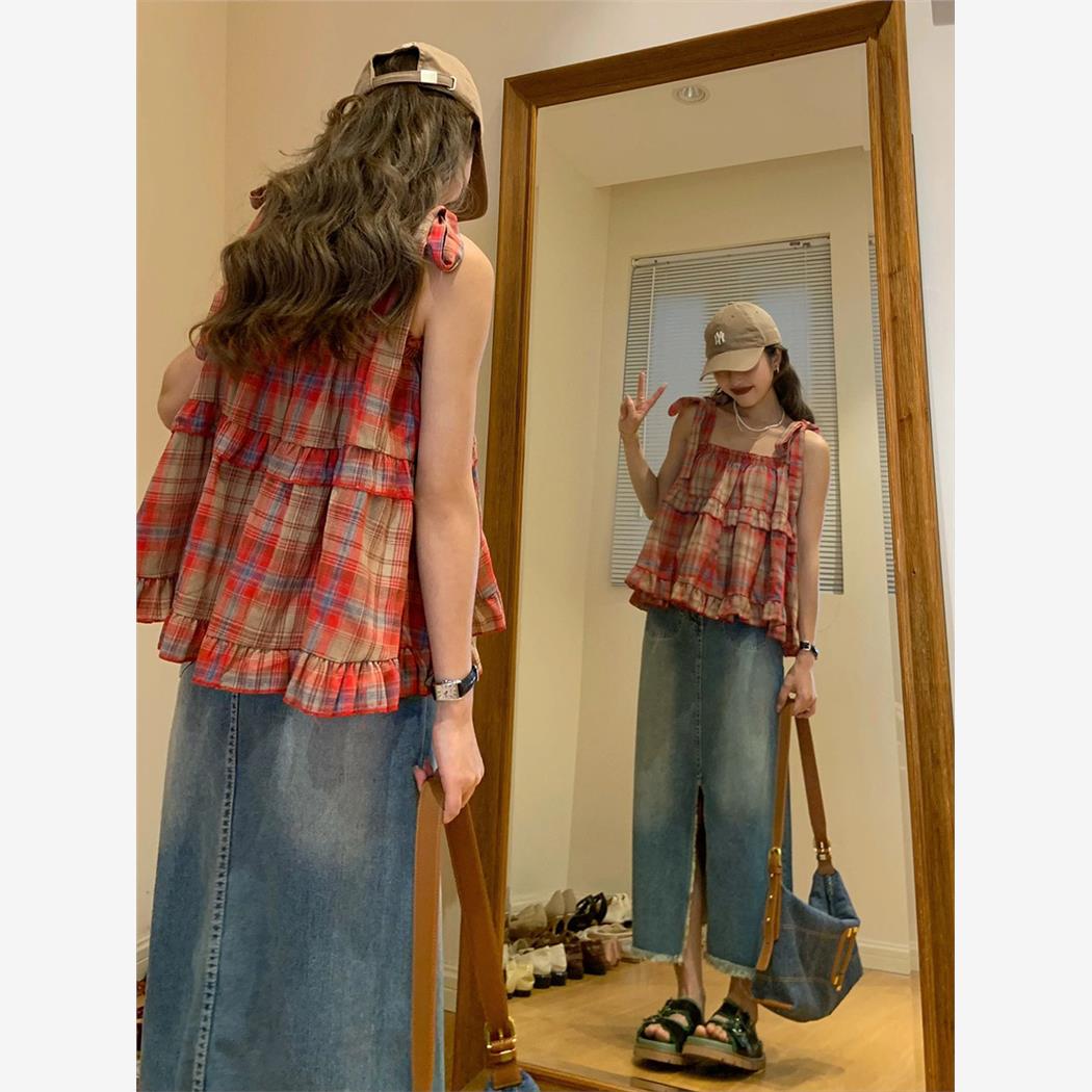 春夏大码胖mm洋气格子短款无袖外穿吊带女显瘦辣妹背心上衣ins潮