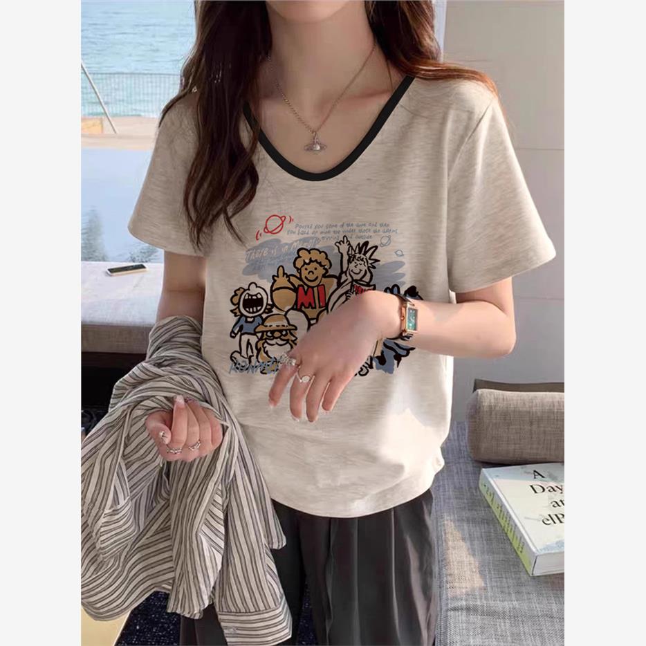 纯棉v领正肩短袖t恤女2024新款爆款夏季大码微胖mm显瘦遮肚子上衣