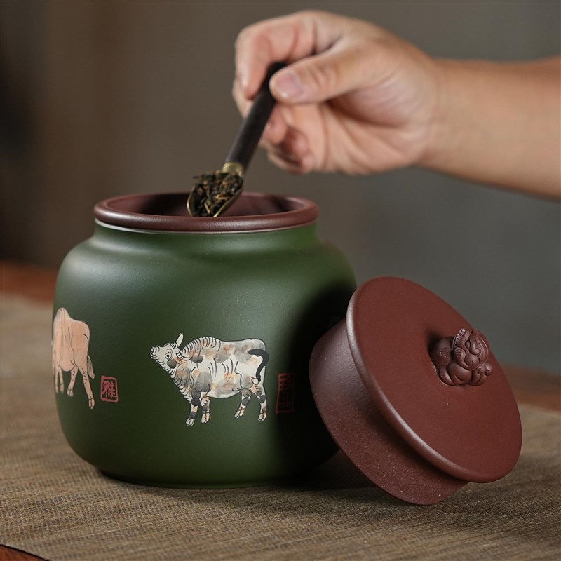 泥绘五牛吸力紫砂茶叶罐小号密封储存罐精致散茶T存茶罐醒茶罐防
