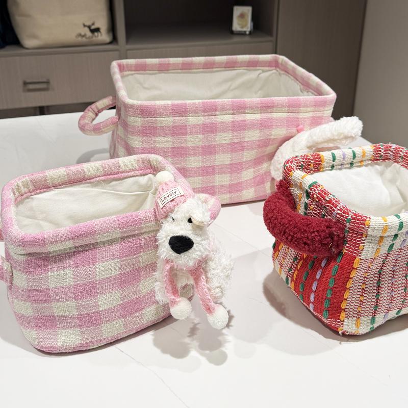 提花帆布桌面收纳盒置物筐公仔毛绒玩偶收纳筐零食头饰棉麻小方盒