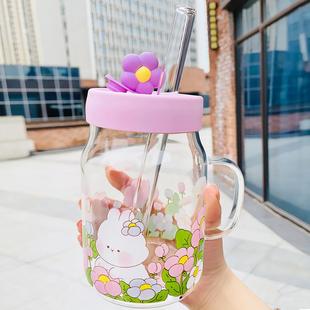 新品卡通高硼硅耐热玻璃杯花与兔带硅胶盖梅森杯大容量加粗吸管牛
