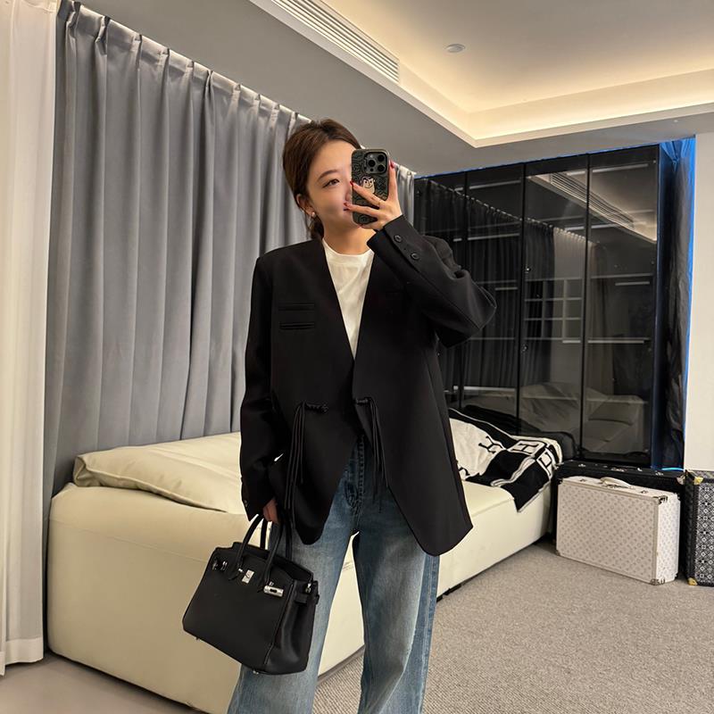 好货黑色复古新中式小西装外套女春秋新款韩版宽松休闲气质高级感