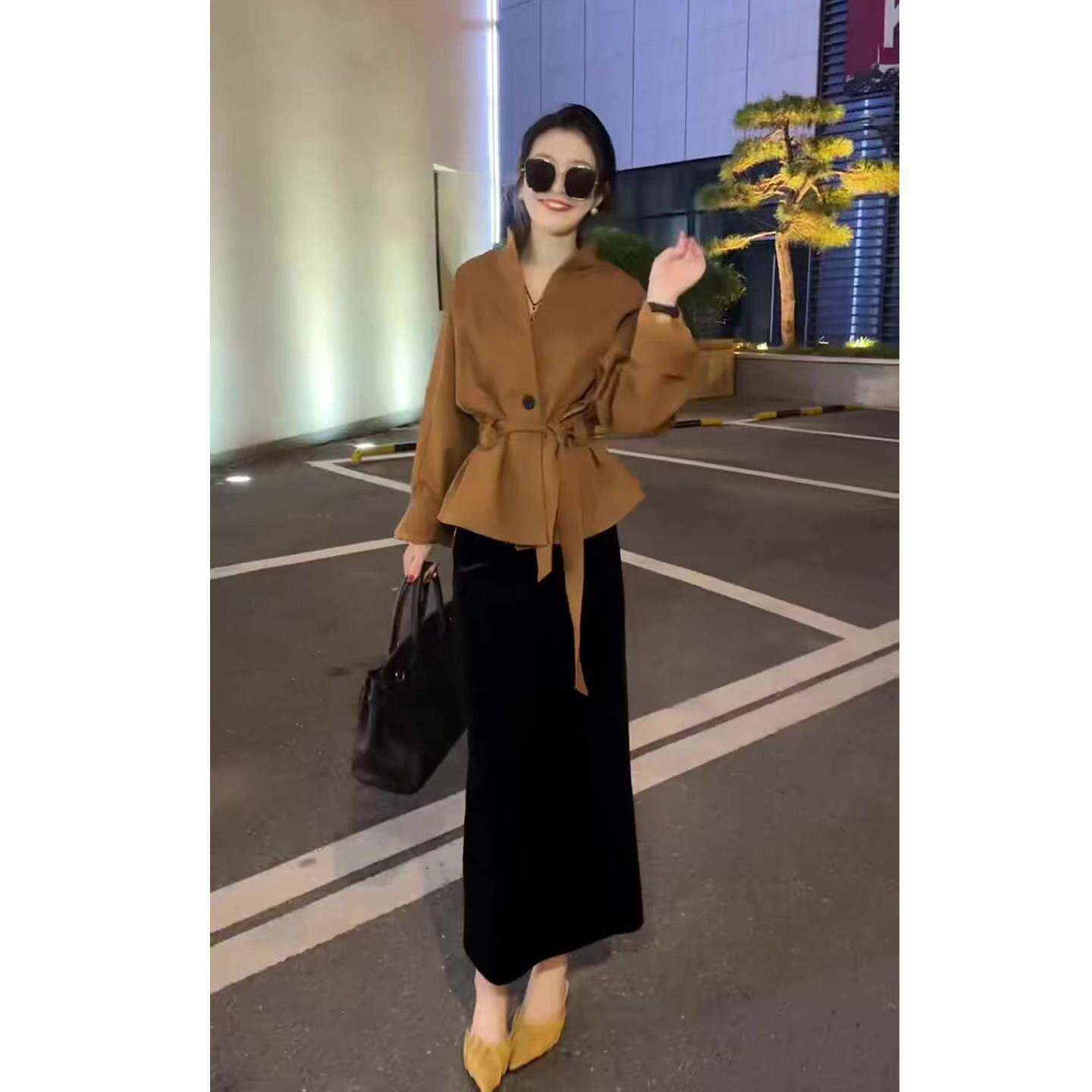 好货简约风高级感套装女冬季新款收腰系带短款风衣外套+高腰半身