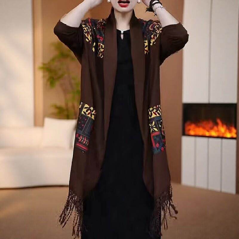 好货新款高定针织披肩流苏开衫外套F中长款宽松显瘦时尚百搭中老