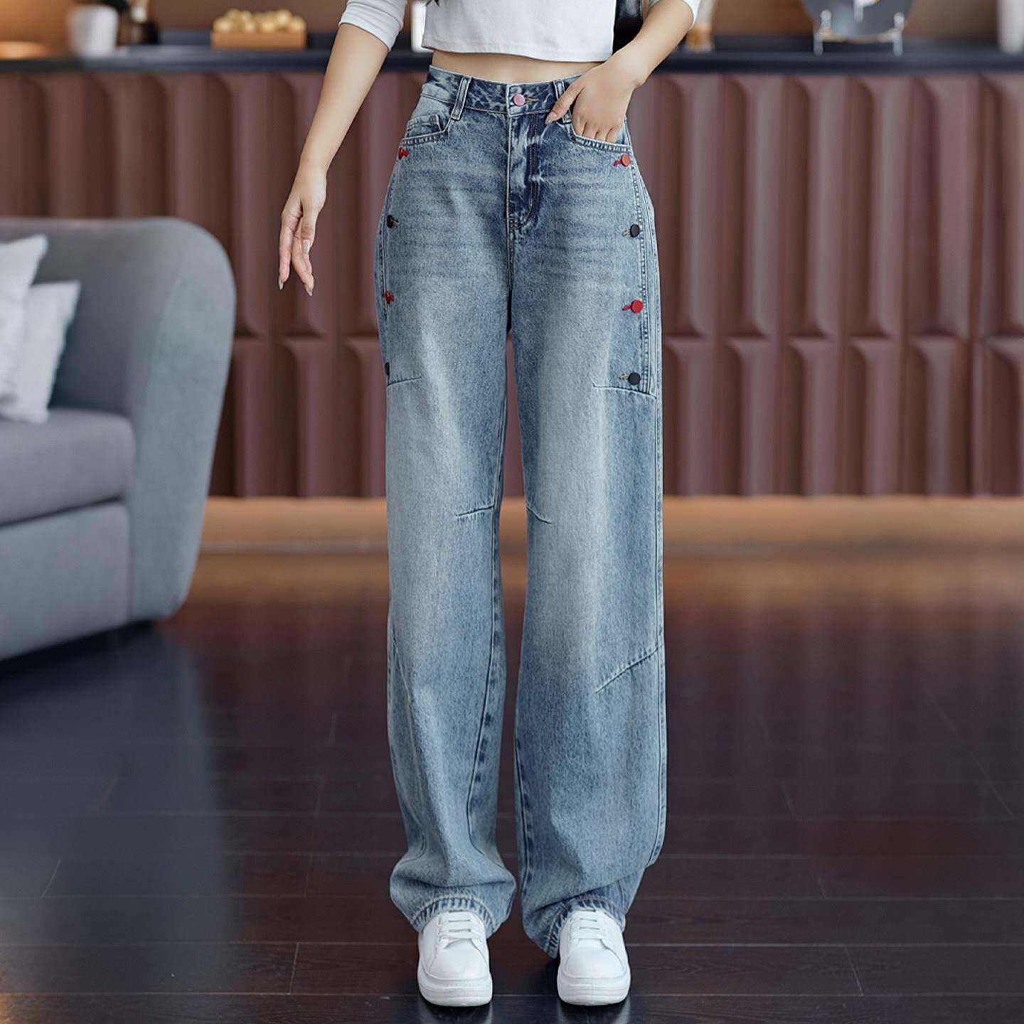 好货撞色纽扣高腰弯刀牛仔裤女2026秋季新款垂感宽松显瘦阔腿香蕉