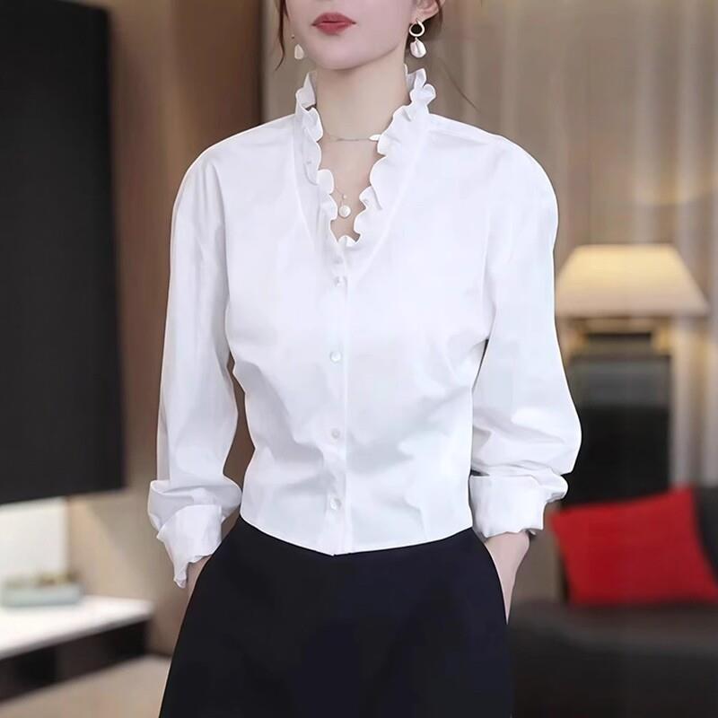 好货大码白色荷叶边v领长袖小衫衬衣女2026早秋胖mm显瘦遮肉漂亮