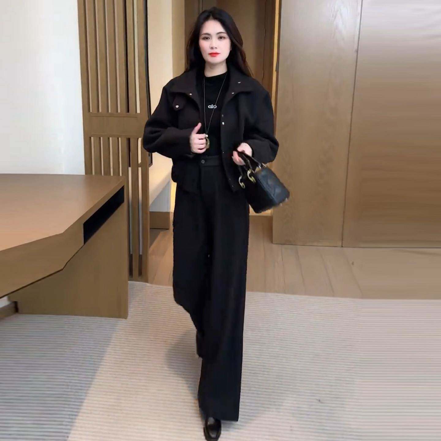 好货时尚洋气套装女2026冬季新款宽松显瘦夹棉毛呢外套阔腿裤两件