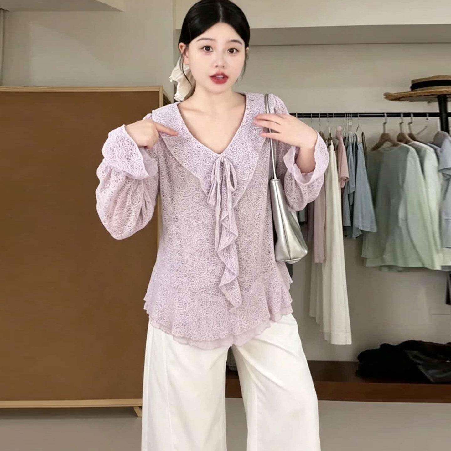 好货大码法式甜美风V领荷叶边衬衫女秋季胖mm显瘦百搭温柔少女风